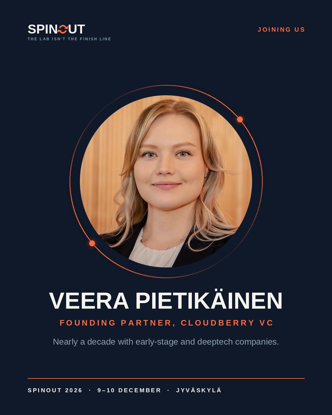 Guest #1: Veera Pietikäinen, Founding Partner at Cloudberry VC, joining Spinout 2026 in Jyväskylä.